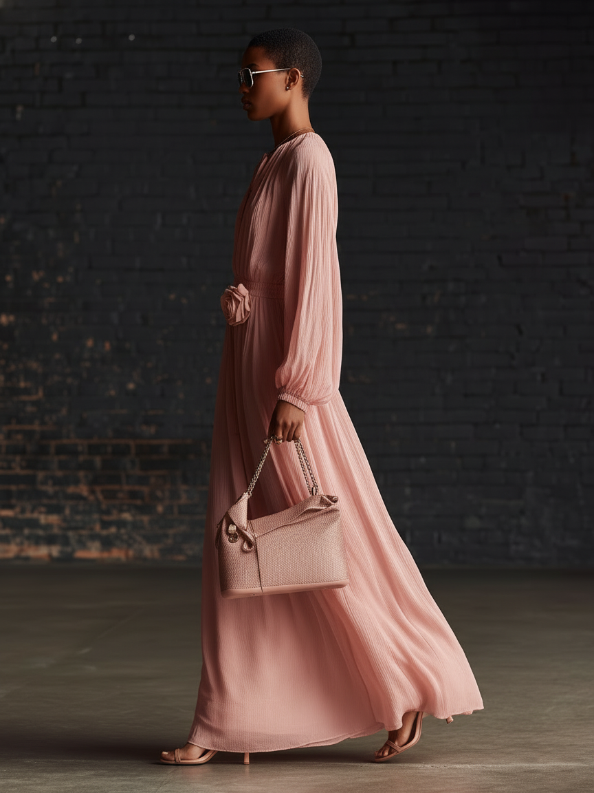 Stylish Minimalist Long Sleeves Drawstring Neckline Rose Embellishment Pleated Pink Chiffon Maxi Dress