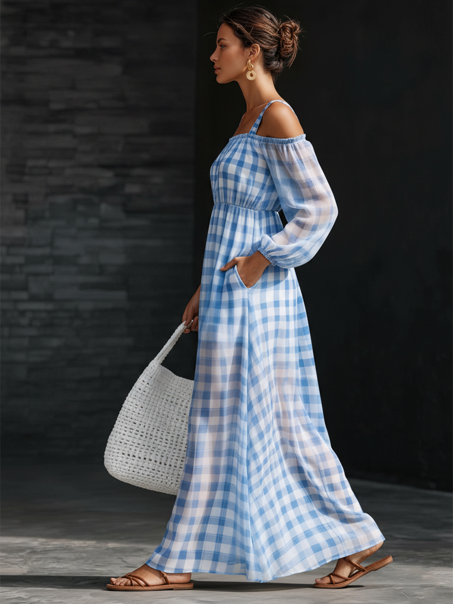 Retro Blue Plaid Chiffon Print Off Shoulder Maxi Dress
