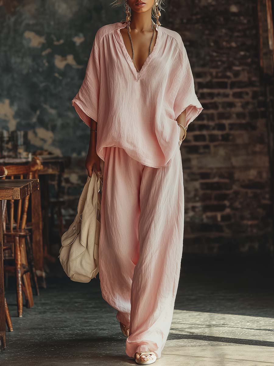 Casual Urban Bohemian Style V-neck Pink Cotton Blouse And Pants Set