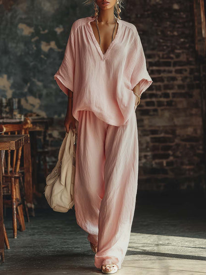 Casual Urban Bohemian Style V-neck Pink Cotton Blouse And Pants Set