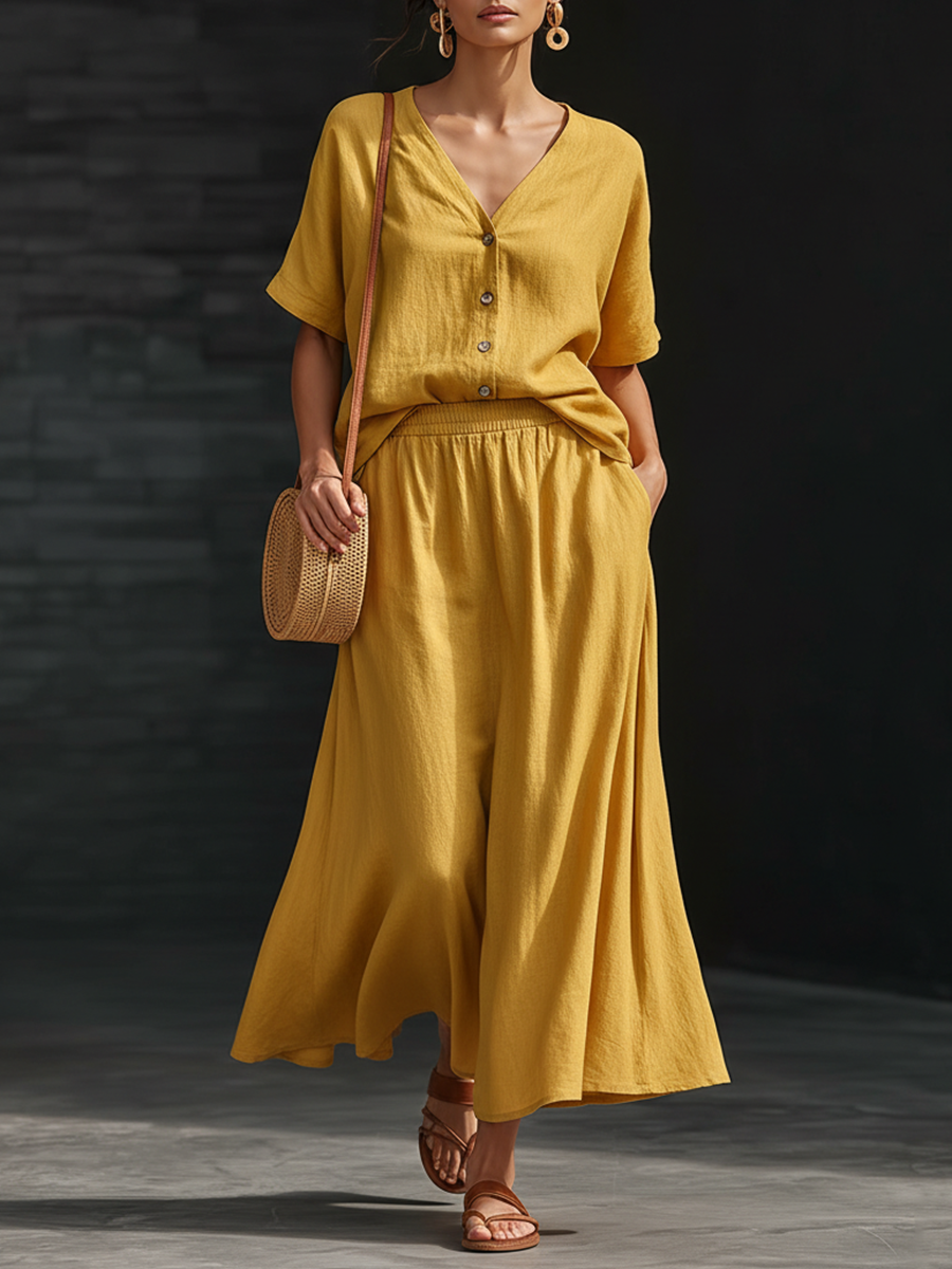 Retro Yellow Cotton Linen V-neck Button Down Short Sleeved Top And Skirt Set