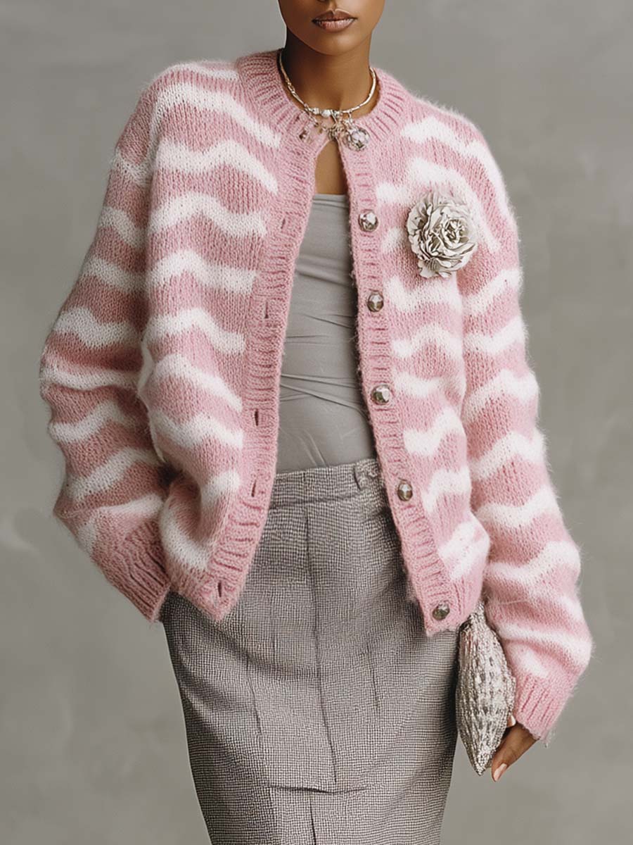 Elegant Retro Silver 3D Flower Embellished Front Button Pink Striped Knit Cardigan
