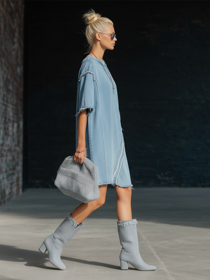 Stylish Simple Loose-fitting Short-sleeved Frayed Edges Diagonal Trim Light Blue Denim Mini Dress