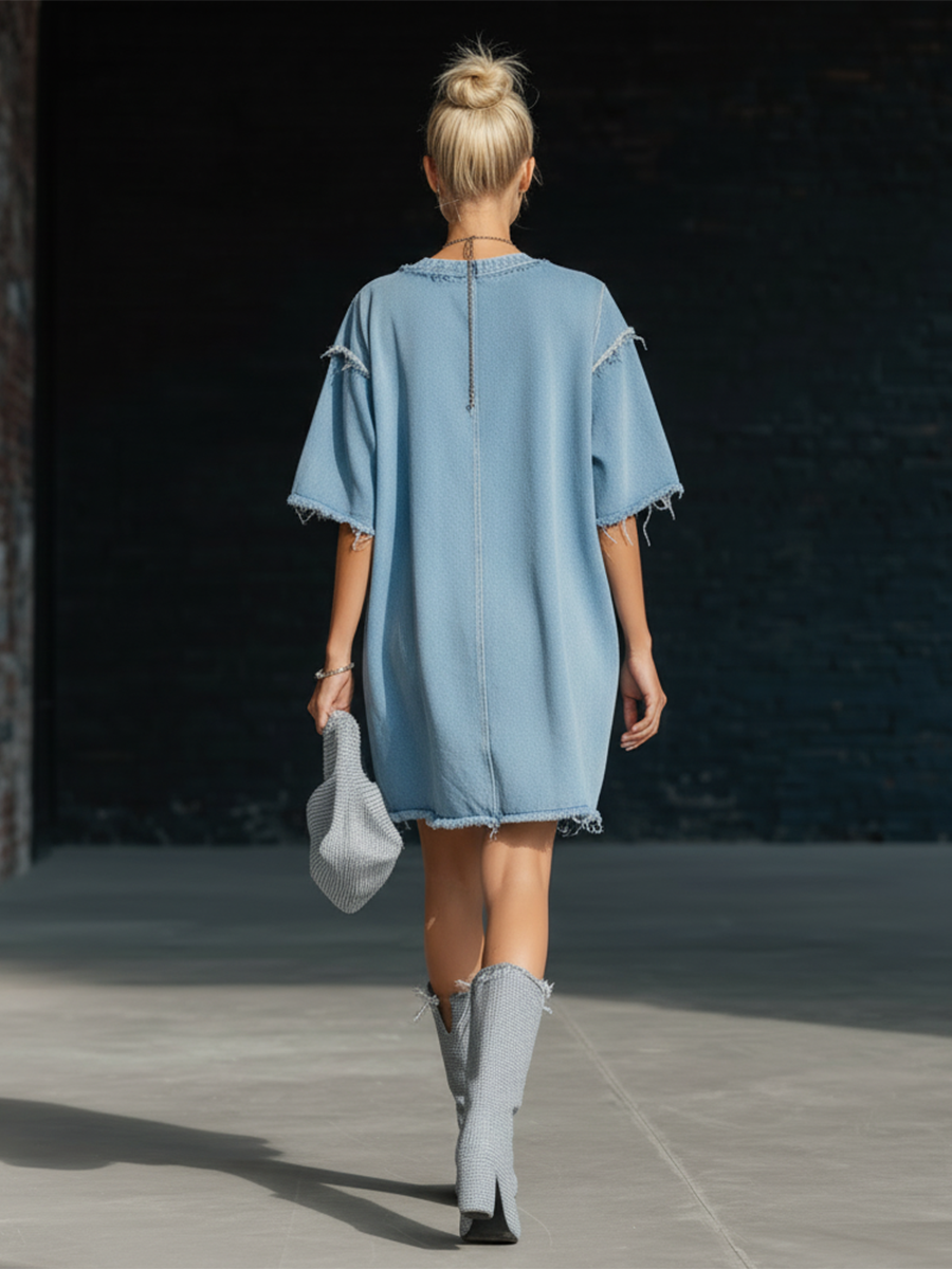 Stylish Simple Loose-fitting Short-sleeved Frayed Edges Diagonal Trim Light Blue Denim Mini Dress