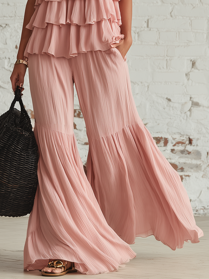 Flowy Pink Chiffon Sleeveless Top With Ruffled Details And Flared Trousers Set