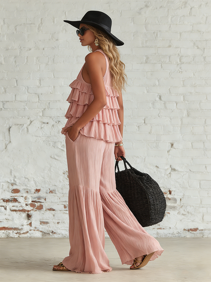 Flowy Pink Chiffon Sleeveless Top With Ruffled Details And Flared Trousers Set