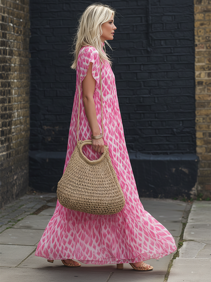 Resort Style Pink Plaid Chiffon Print Turtleneck Short Sleeved Maxi Dress