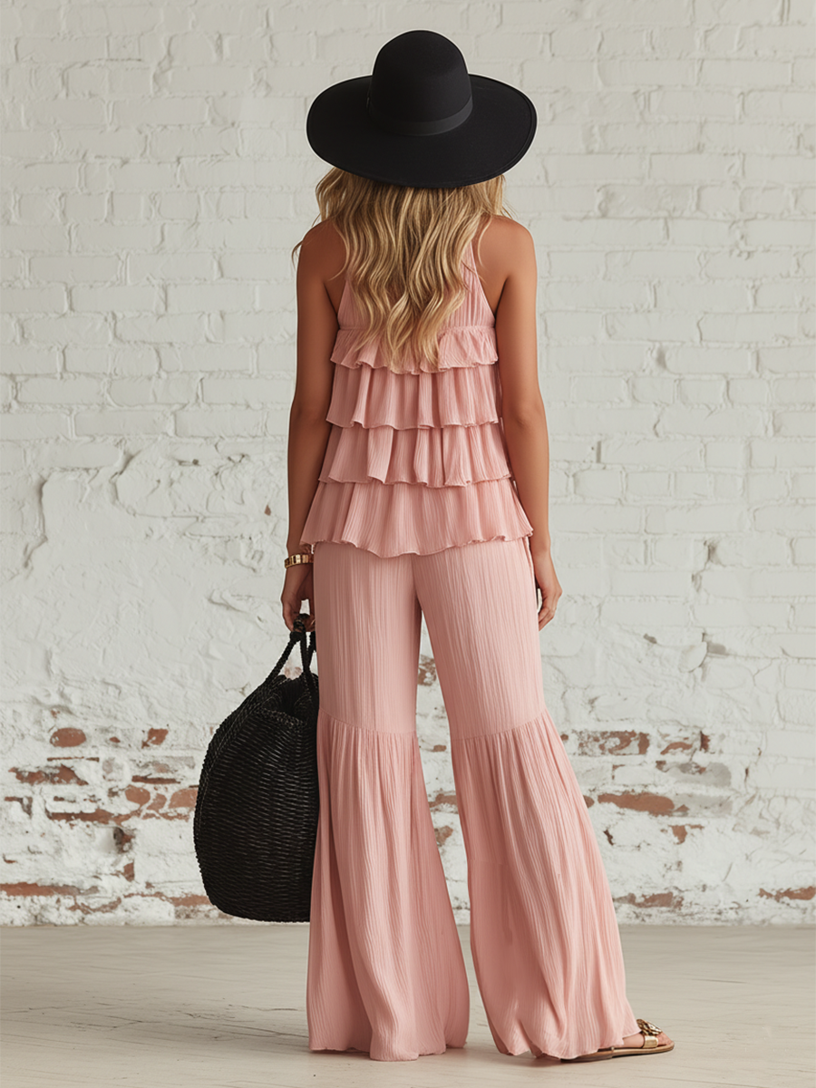 Flowy Pink Chiffon Sleeveless Top With Ruffled Details And Flared Trousers Set
