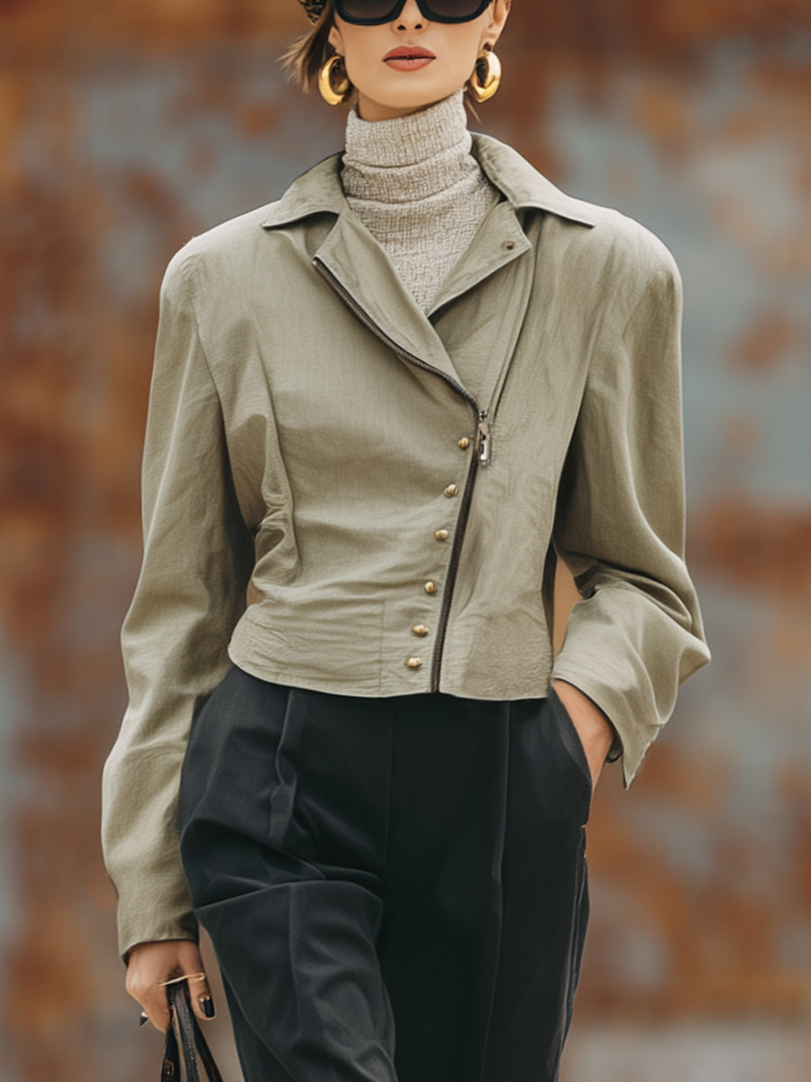Retro Street Lapel Slant Placket Front Zipper Rivet Khaki Short Windbreaker Jacket