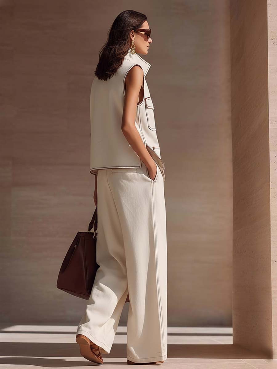 Casual Fashion Lapel Collar Front Zipper Pockets White Denim Top And Pants Set