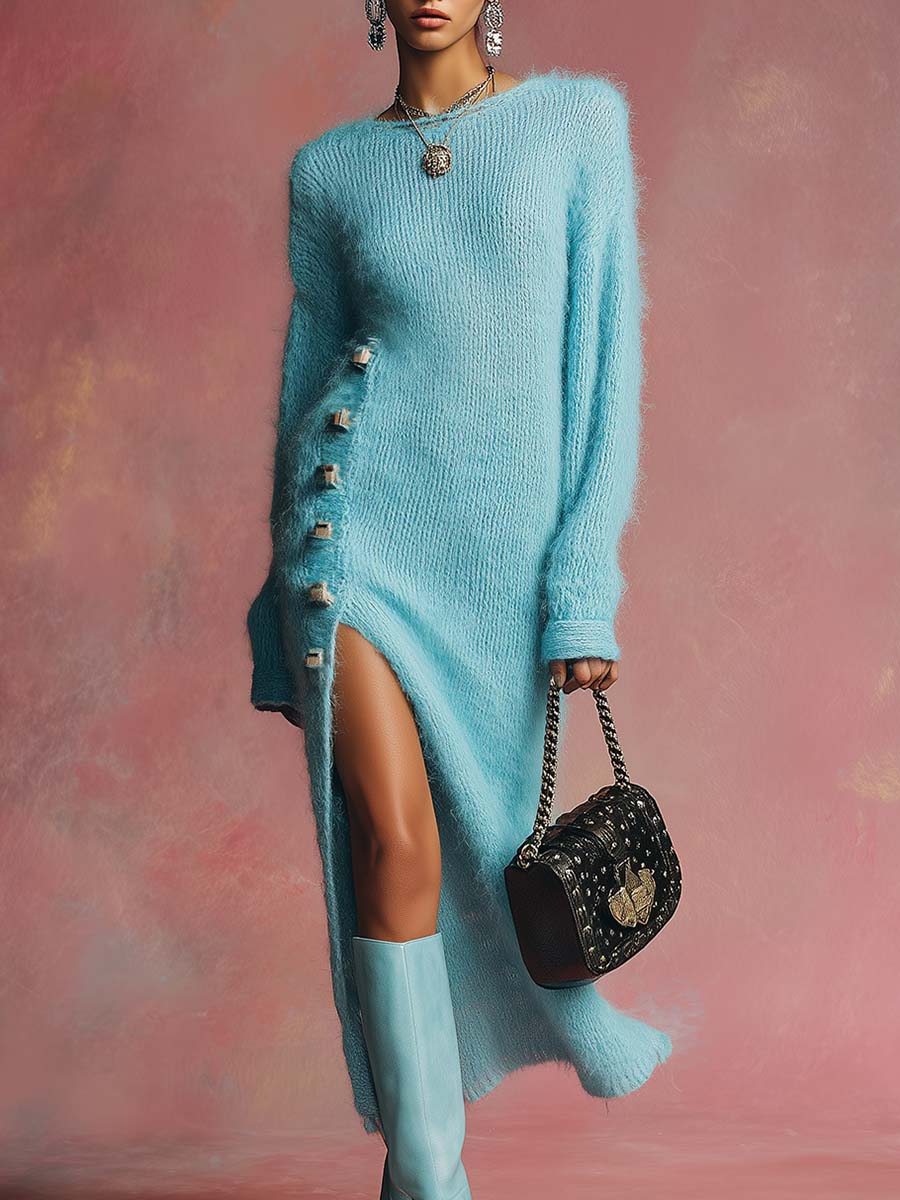 Lazy Fashion Comfortable Round Neck Side Slit Button Decoration Lake Blue Knit Midi Dress