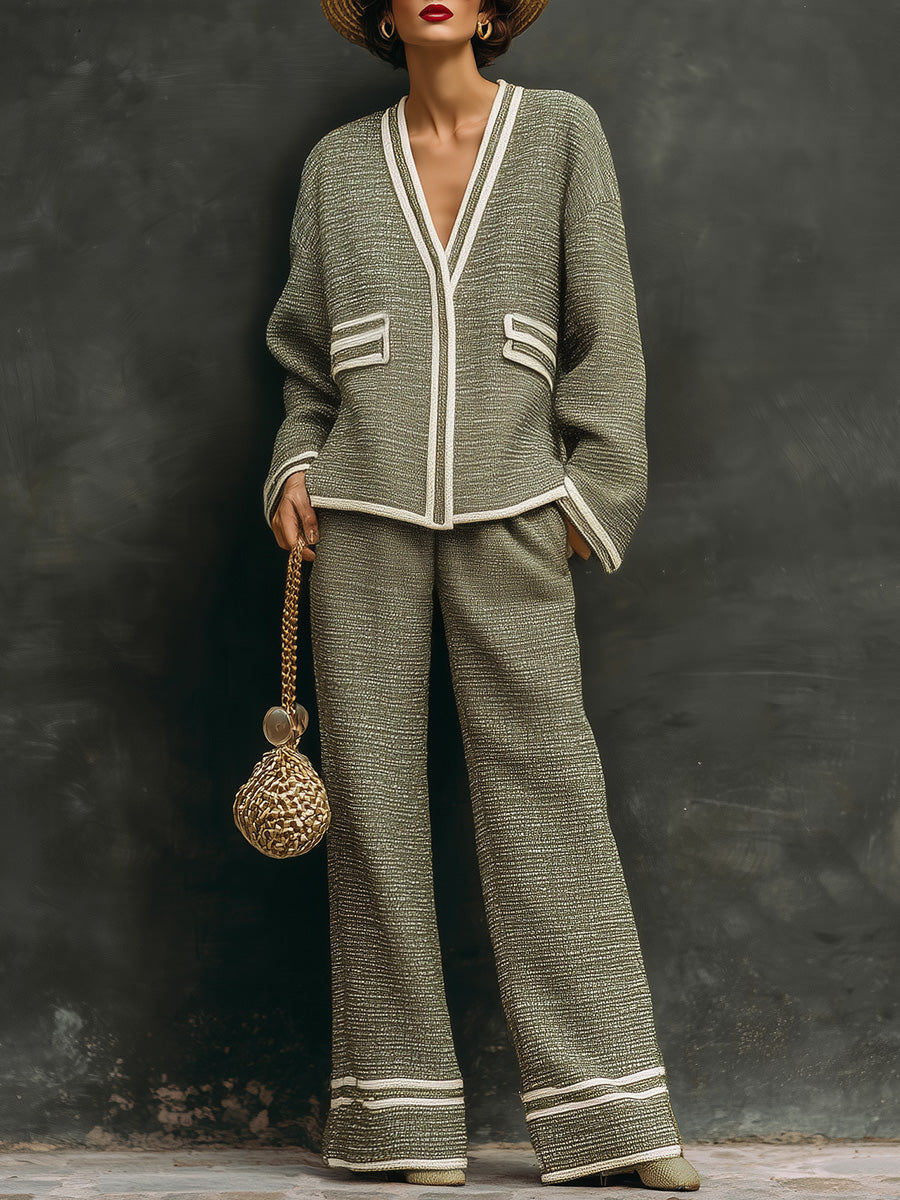 Vintage Exquisite Casual Fashion Green Tweed V-neck White Trim Top And Pants Set
