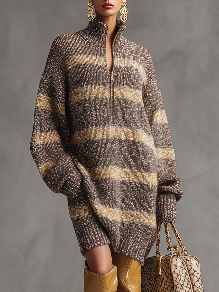 Casual Fashion Urban Brown Wide Striped Knitted Lapel Front Zipper Midi Dress