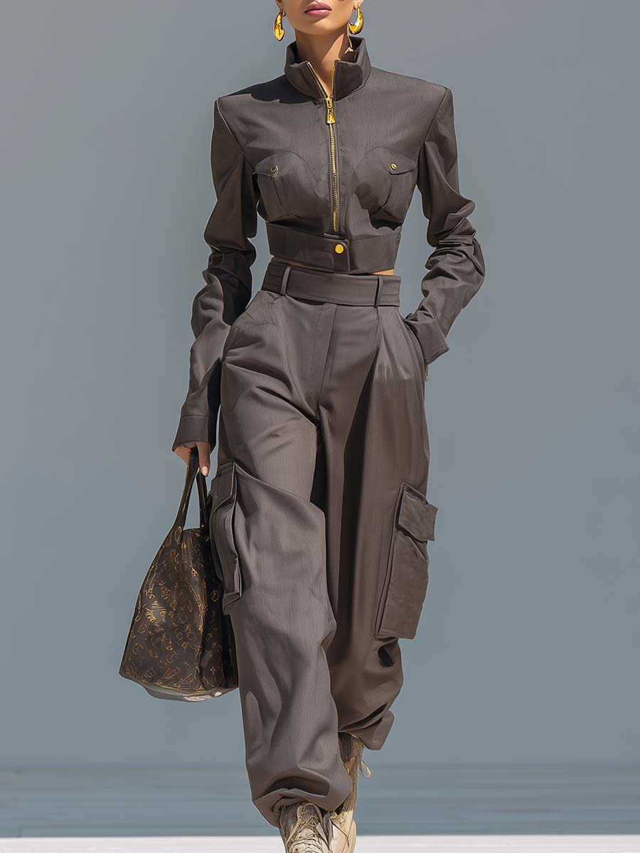 Exquisite Street Fashion Brown Stand-up Collar Front Zipper Short Jacket And Workwear Wide Pants Set