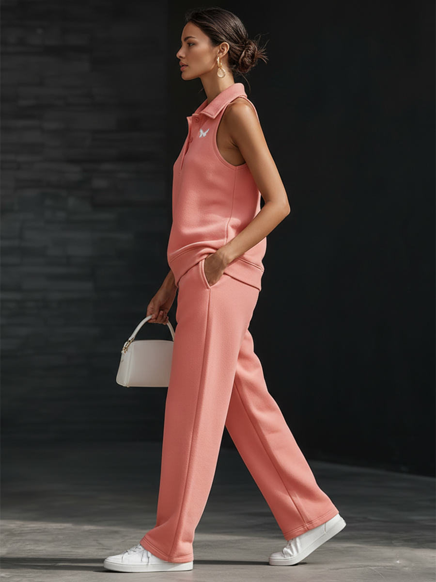 Sporty Pink Sleeveless Knit Collared Top And Wide Leg Pants Set