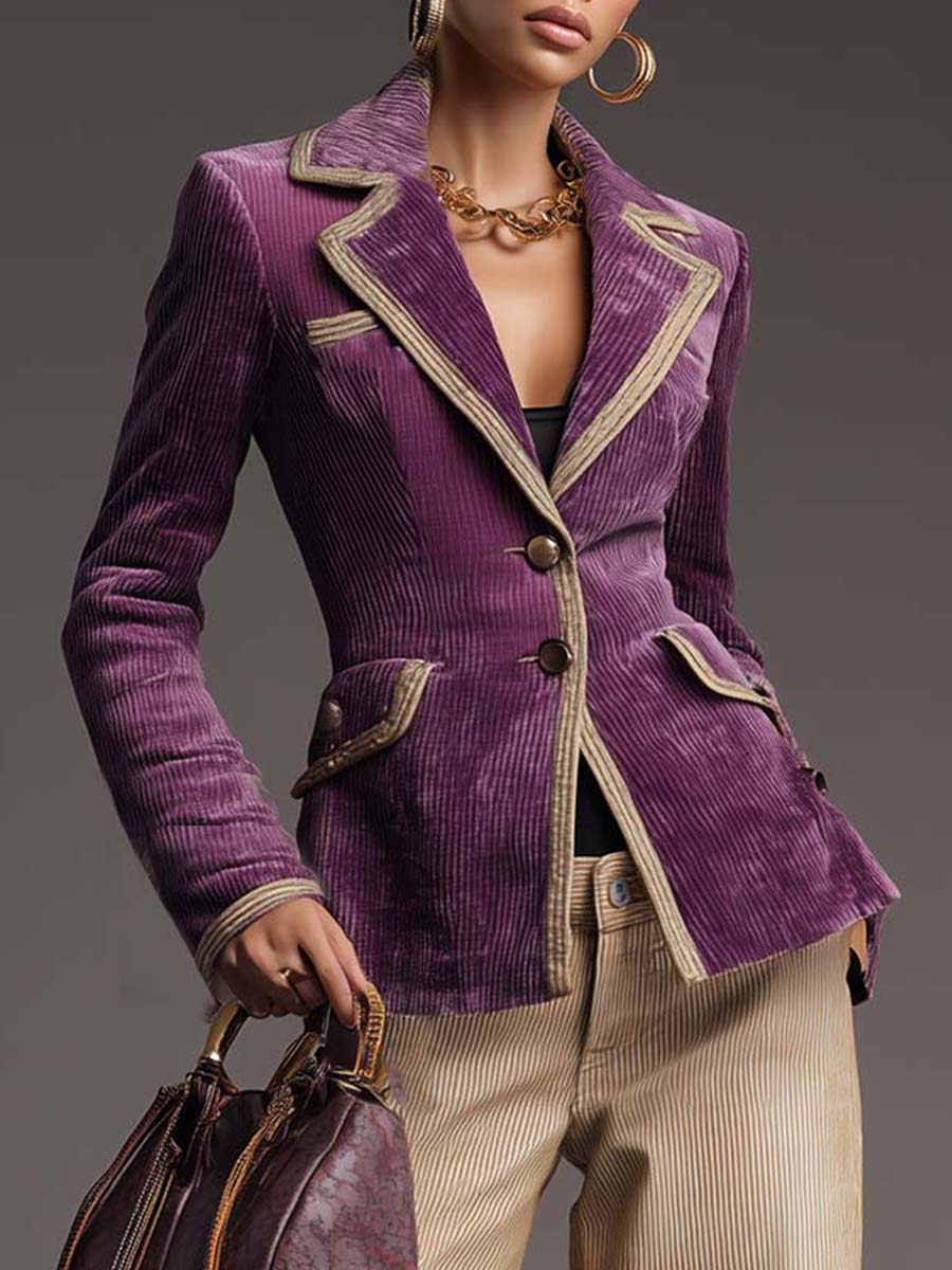 Vintage Exquisite Hem Purple Corduroy Blazers