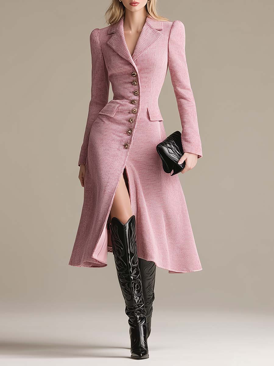 Retro Fashion Pink Corduroy Midi Dress