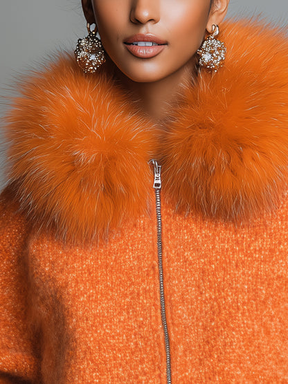 Casual Loose Faux Fur Collar Orange Zipper Front Cardigan