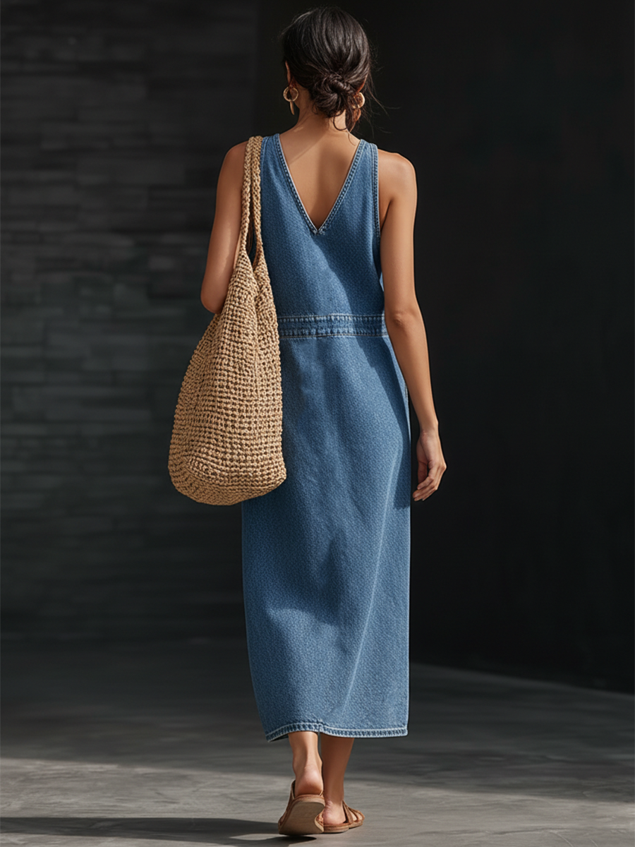 Casual Retro Blue Denim Sleeveless Button Midi Dress