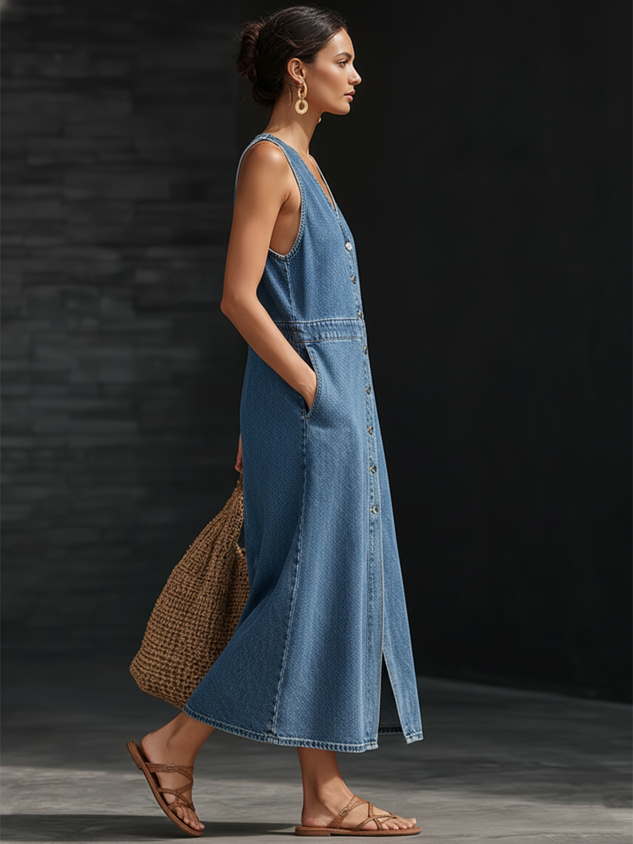 Casual Retro Blue Denim Sleeveless Button Midi Dress