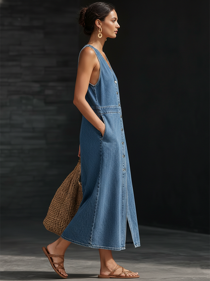 Casual Retro Blue Denim Sleeveless Button Midi Dress