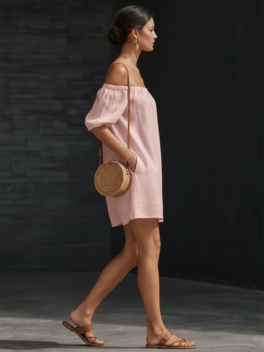 Casual Urban Pink Cotton Linen Off Shoulder Mini Dress