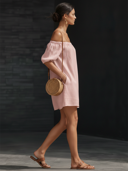 Casual Urban Pink Cotton Linen Off Shoulder Mini Dress