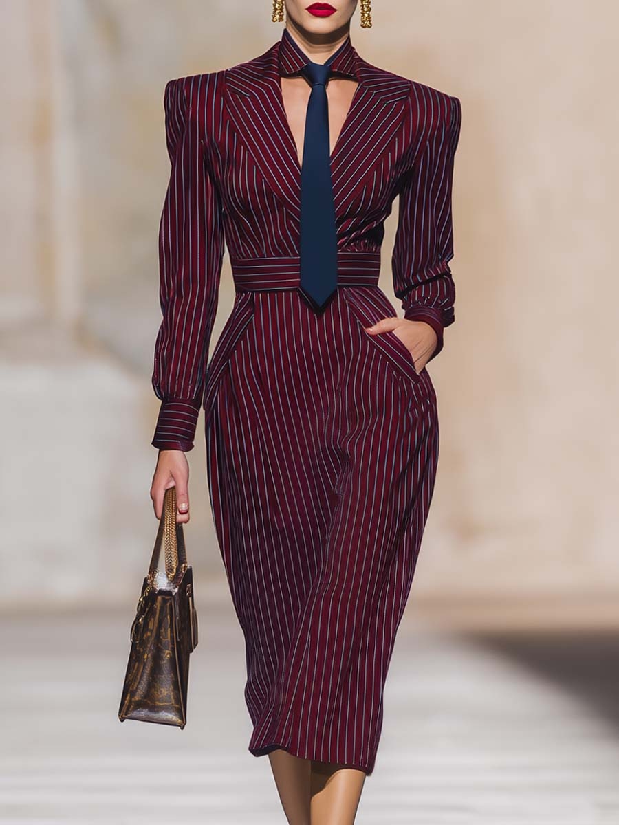 Temperament And Fashion Wide Shoulder V-neck Long Sleeve Navy Blue Lace-up Burgundy Striped Midi Dress