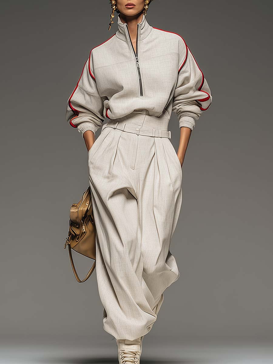 Vintage Fashion Moonlight White Lapel Front Zipper Red Trim Jacket And Pants Set
