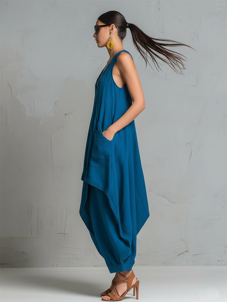 Retro-style Loose-fitting Sleeveless V-neck Pockets Irregular Lantern Legs Blue Cotton Jumpsuit