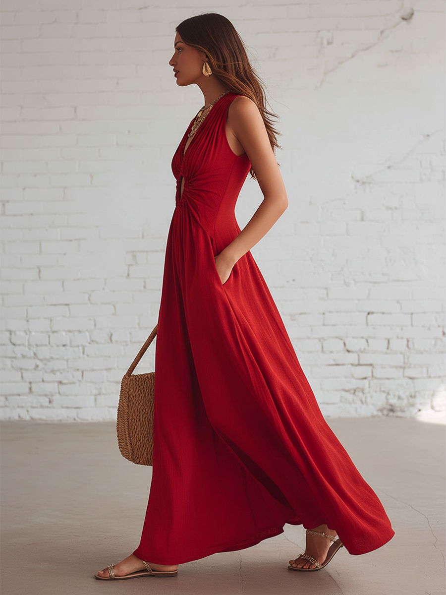 Vacation Style Red Linen Sleeveless With Side Slits Maxi Dress