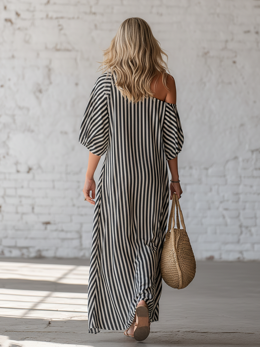 Urban Black Chiffon Striped Print Off Shoulder Maxi Dress