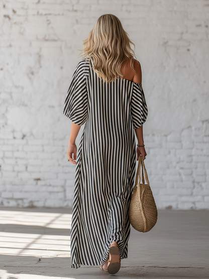 Urban Black Chiffon Striped Print Off Shoulder Maxi Dress