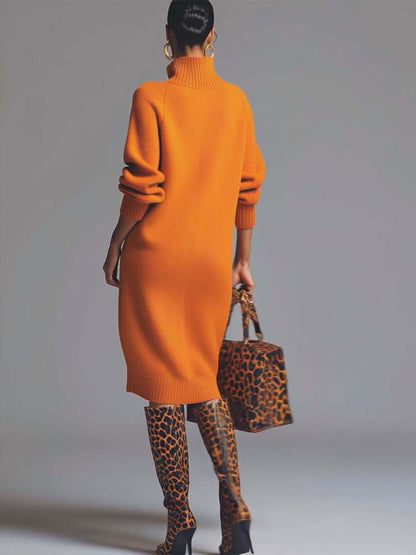Comfortable And Fashionable Lapel Front Button Orange Knitted Midi Dress