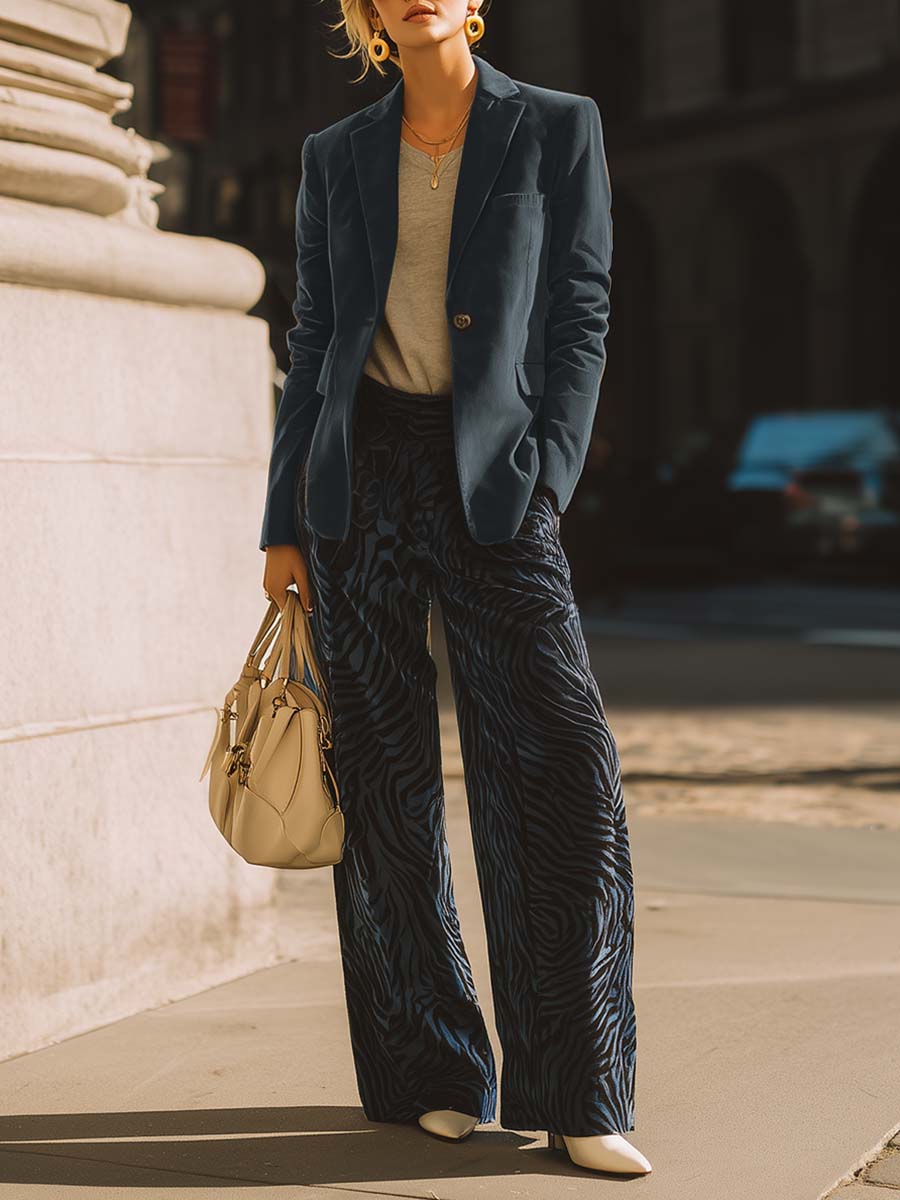 Retro Street Dark Blue Velvet Notch Lapel Suit And Tiger Print Pants Set
