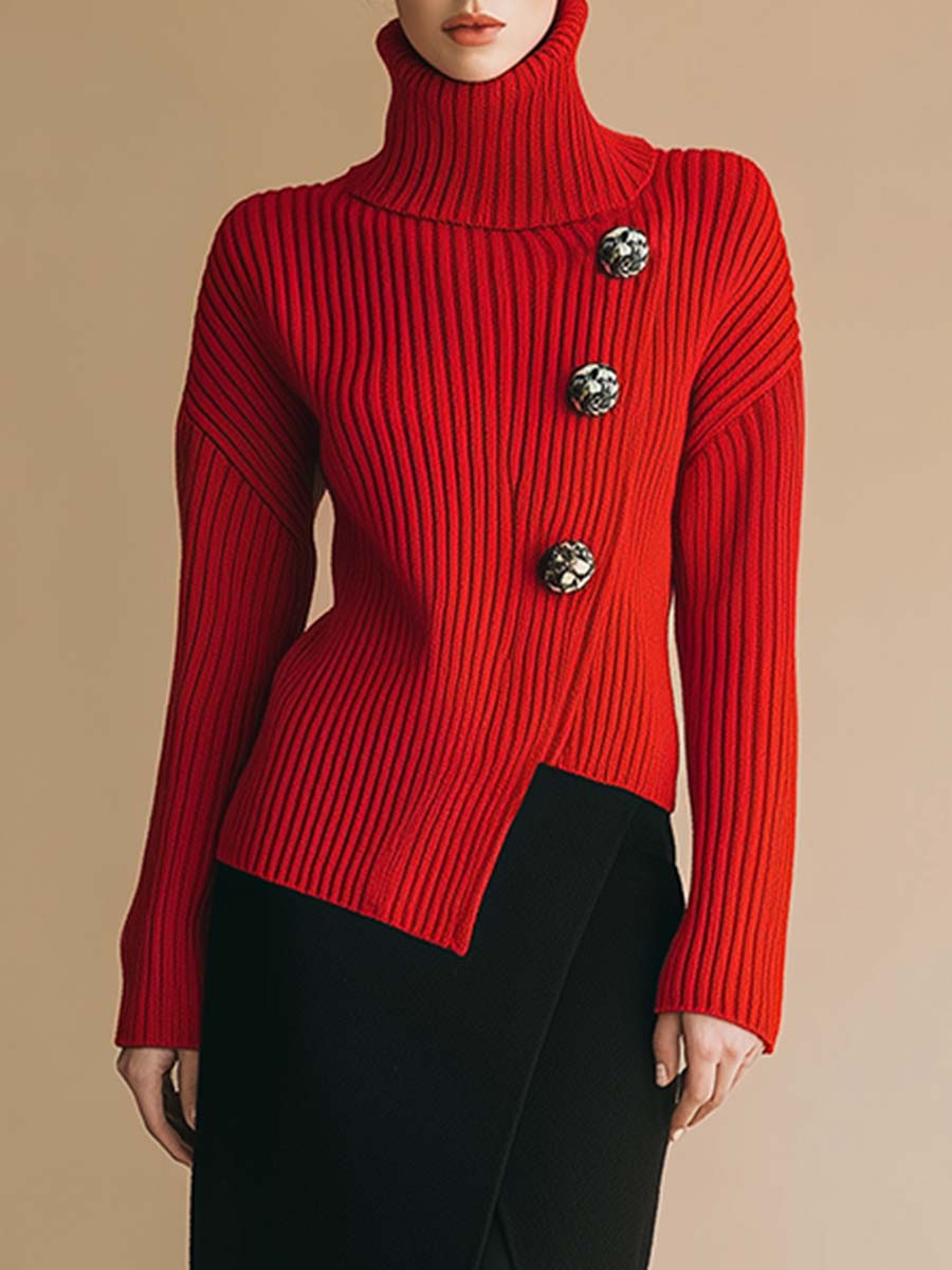 Retro Fashion Red Turtleneck Irregular Cut Sweater