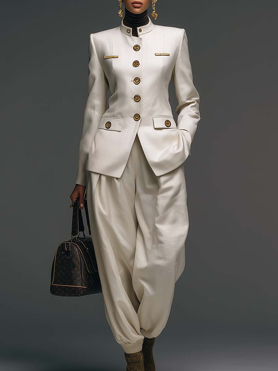 Vintage Creamy White Cotton And Linen Small Stand-up Collar Front Button Jacket And Tapered Pants Set