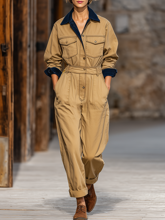 Vintage Street Style Multi-pocket Workwear Jumpsuit