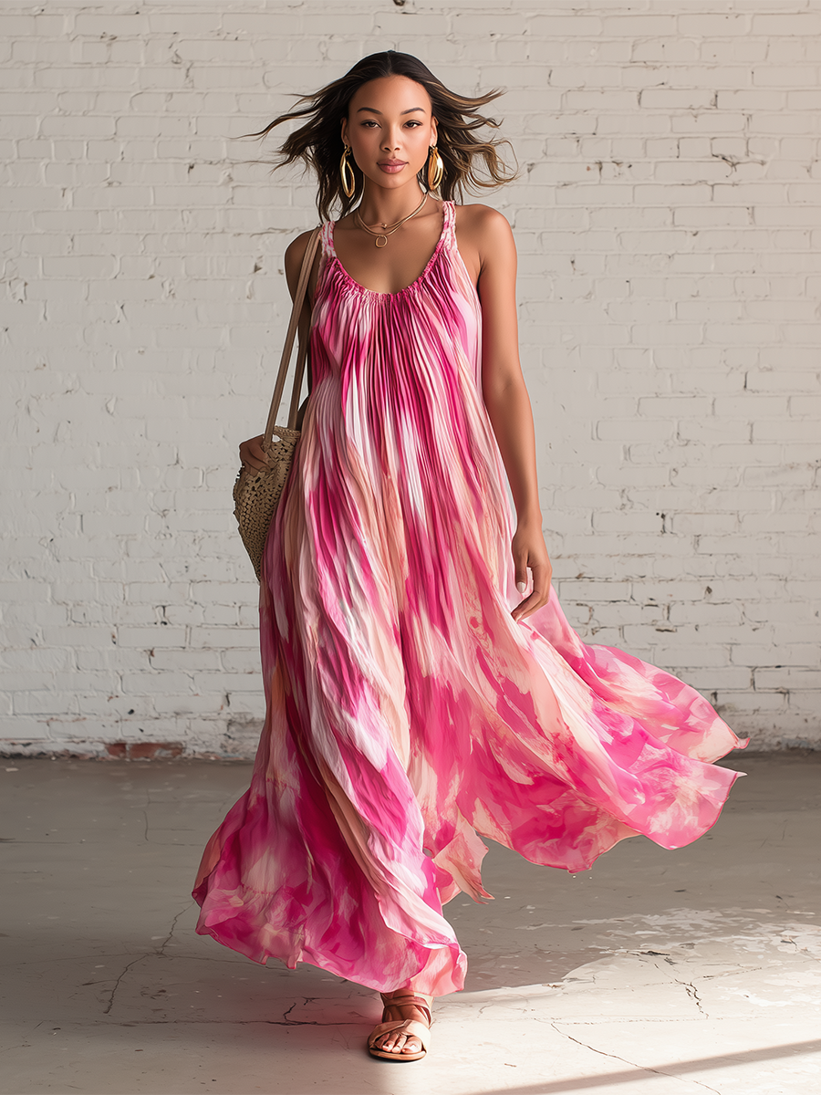 Vacation Style Pink Chiffon Printed Sleeveless Pleated Maxi Dress