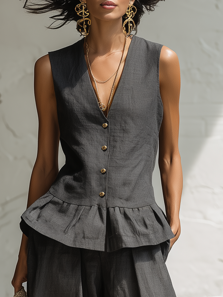 Urban Grey Cotton And Linen V-neck Ruffle Sleeveless Top And Wide Leg Pants Set