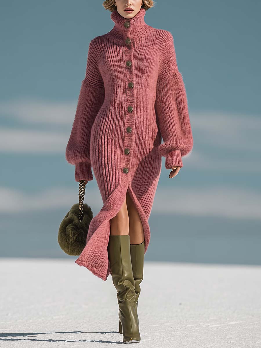 Autumn And Winter Thick Pink High Collar Front Button Slit Knitted Midi Dress