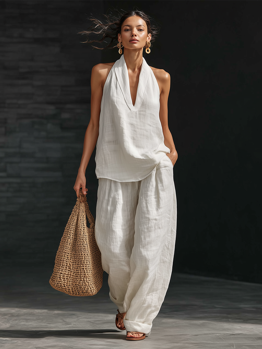 Casual Urban Style White Linen V-neck Sleeveless Top And Wide Leg Pants Set
