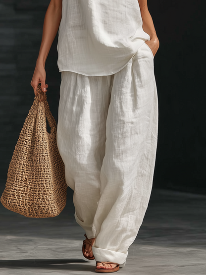 Casual Urban Style White Linen V-neck Sleeveless Top And Wide Leg Pants Set