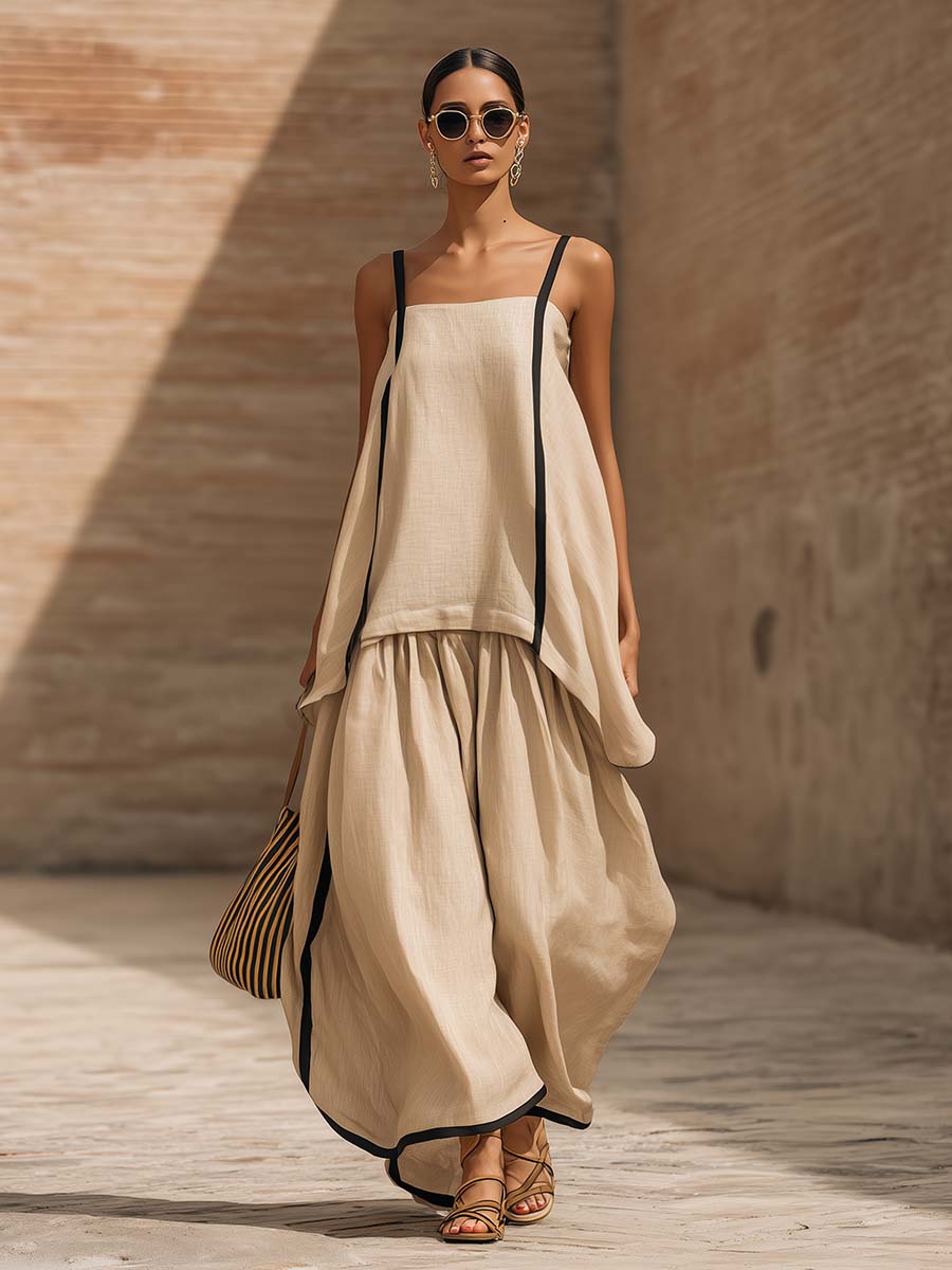 Elegant And Casual Urban Style Beige Cotton Camisole And Extra-wide Leg Pants Set