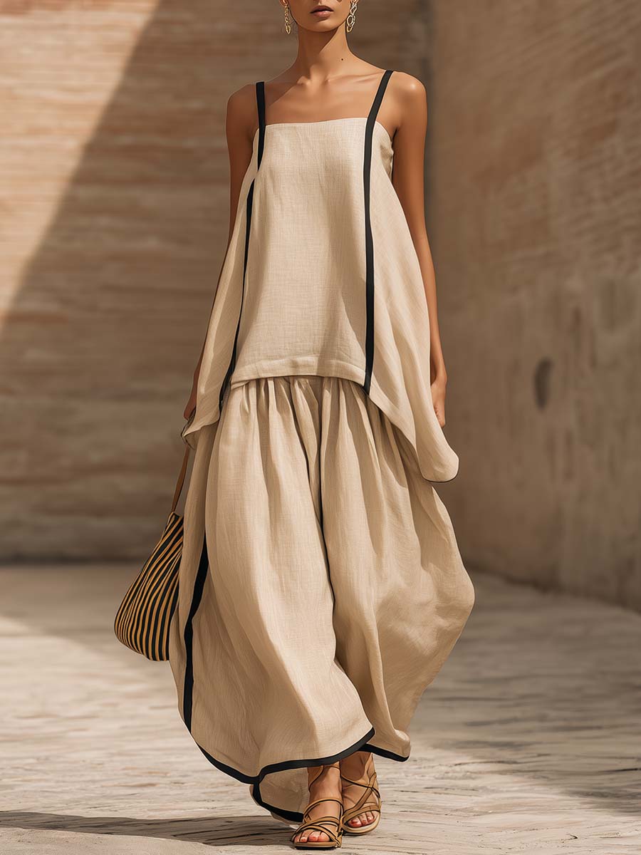 Elegant And Casual Urban Style Beige Cotton Camisole And Extra-wide Leg Pants Set
