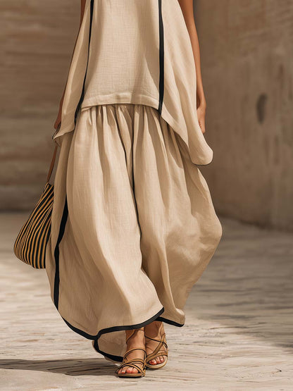 Elegant And Casual Urban Style Beige Cotton Camisole And Extra-wide Leg Pants Set