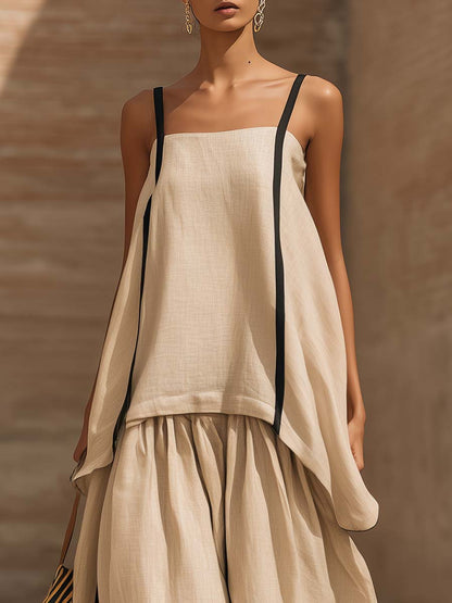 Elegant And Casual Urban Style Beige Cotton Camisole And Extra-wide Leg Pants Set