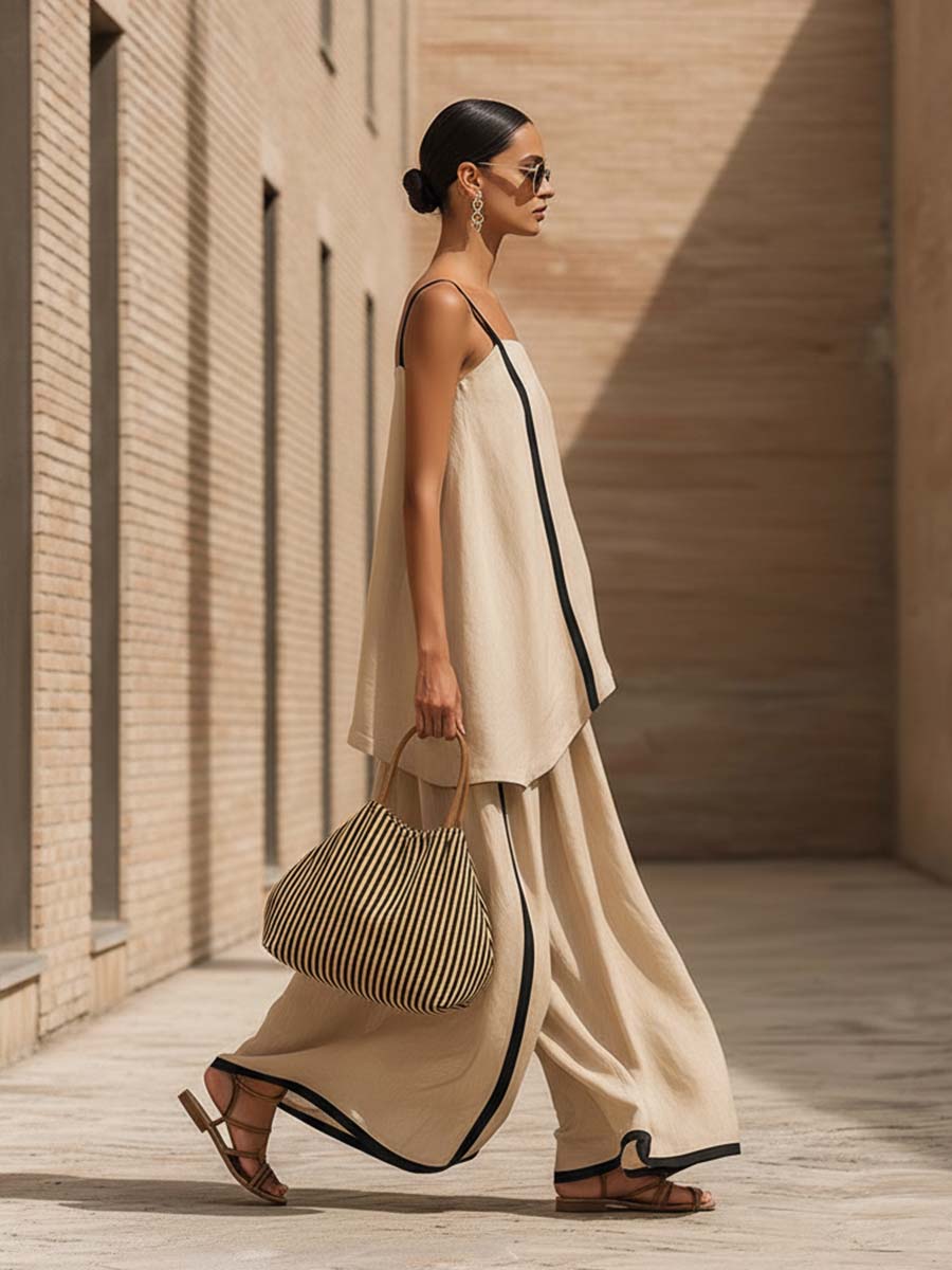 Elegant And Casual Urban Style Beige Cotton Camisole And Extra-wide Leg Pants Set