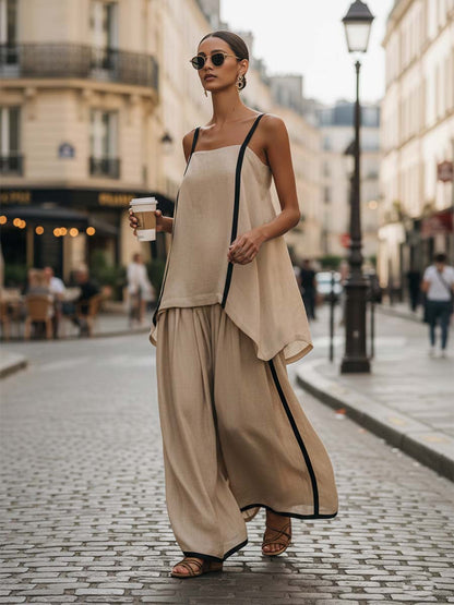 Elegant And Casual Urban Style Beige Cotton Camisole And Extra-wide Leg Pants Set