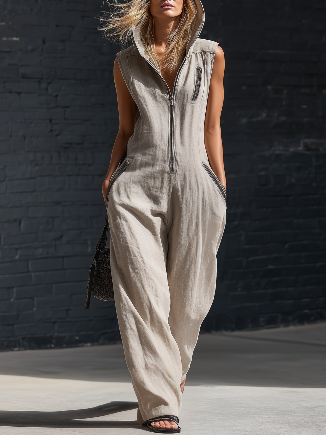 Stylish Minimalist Sleeveless Hooded Front Zipper Grey Cotton-Linen Jumpsuit
